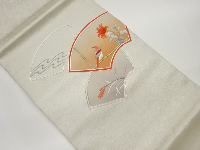 銀駒刺繍地紙に鳥・花模様名古屋帯（松葉仕立て）